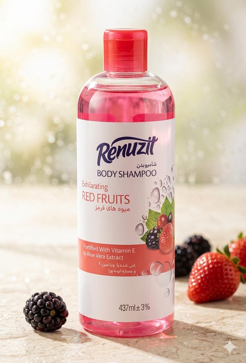 شامپو بدن رینوزیت Renuzit رایحه میوه های قرمز حاوی ویتامین E و عصاره آلوئه ورا حجم 437ml