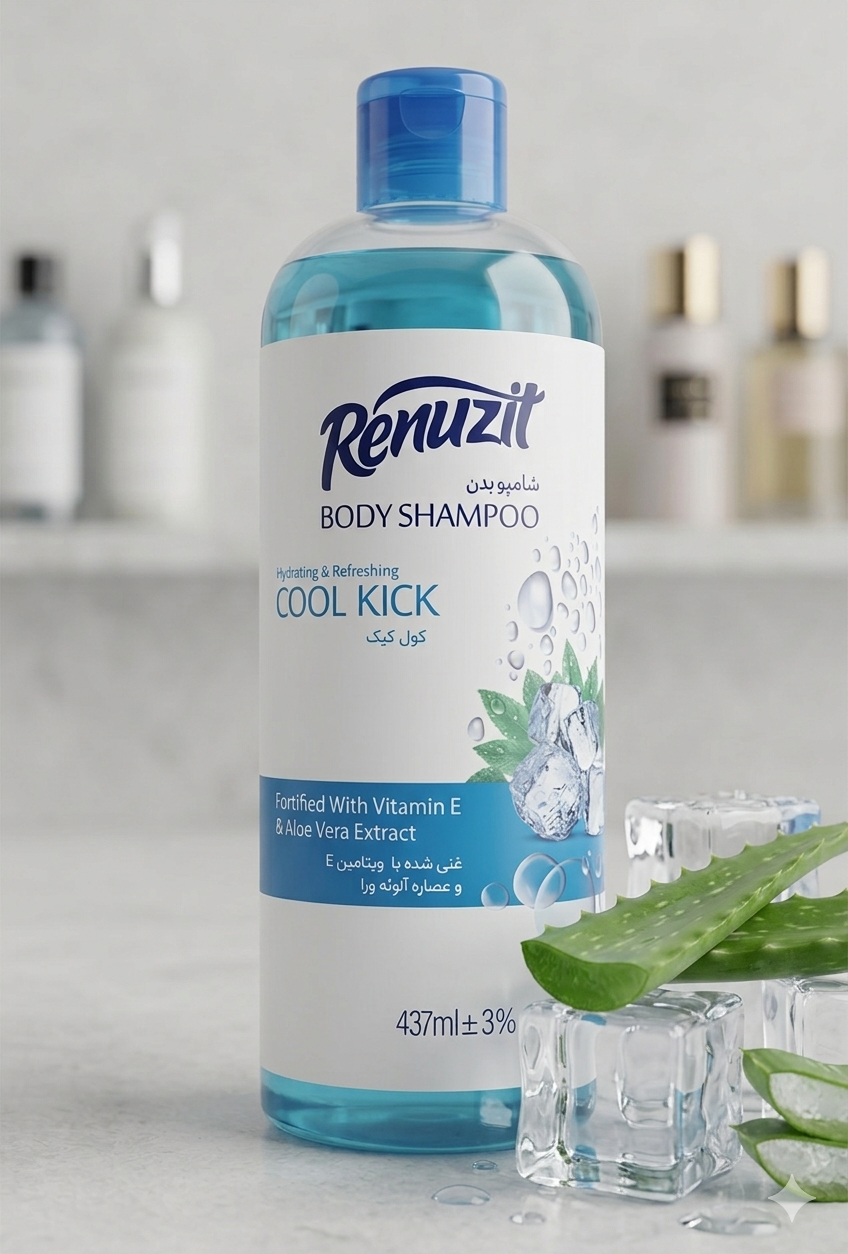 شامپو بدن رینوزیت Renuzit رایحه کول کیک حاوی ویتامین E و عصاره آلوئه ورا حجم 437ml