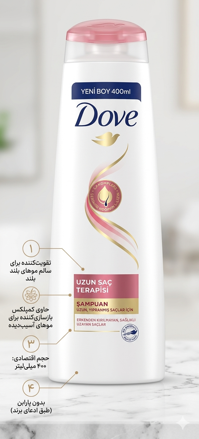 شامپو داو Dove مدل Uzun Sac Terapisi مناسب موهای بلند آسیب دیده حجم 400 میلی‌لیتر